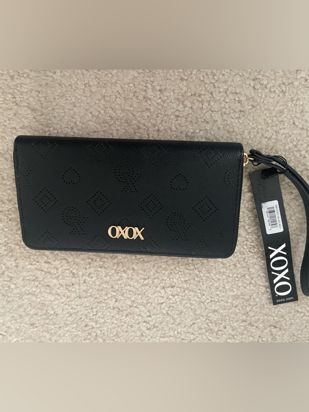 NWT Oxo Black Perforated Logo Wristlet Wallet with Gold Accent
